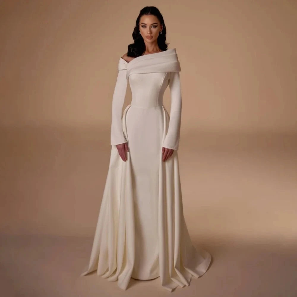 Elegant Evening Dress for Women Off The Shoulder Jersey Pleat A-Line Prom Gown  Long Sleeve Floor Length Party Dress Customized