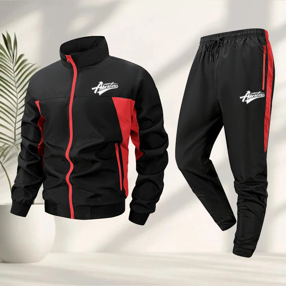 Men's Fashionable Word Print Sportswear Set Stand Collar Jacket And Sweatpants 2 Piece Set Casual Outdoor Fitness Hiking Apparel