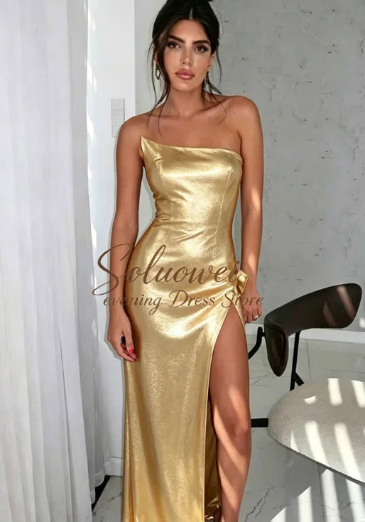 Elegant Women Pleat Evening Dresses Simple Black Mermaid Party Dress Sexy Off Shoulder High Slit Customized Vestidos De Fiesta