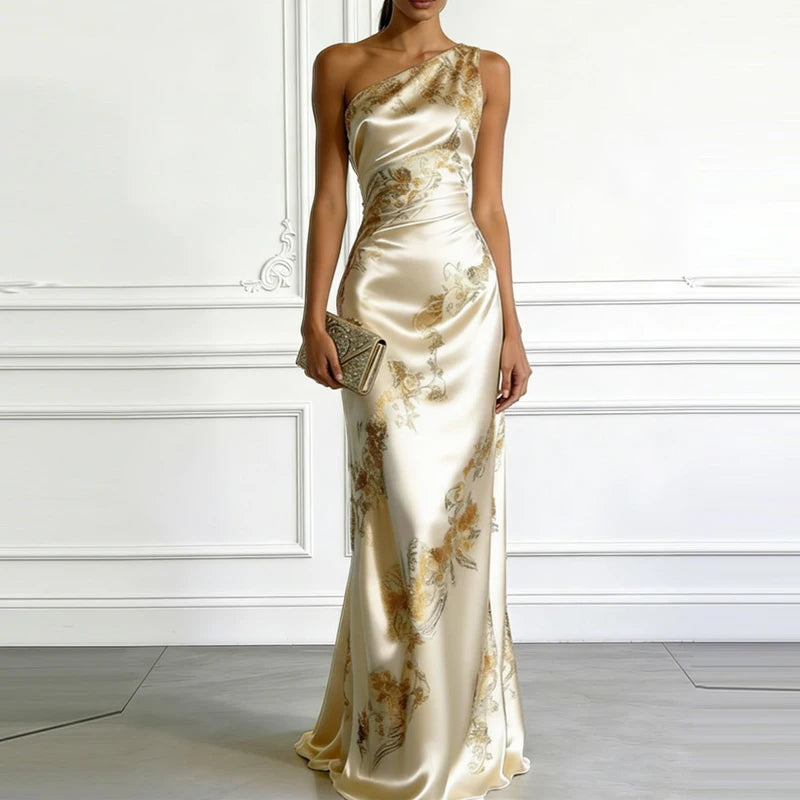 Sexy  One Shoulder Sleeveless Slim Fit Gowns Fashion High Waist Asymmetrical Party Dress Women Elegant French Style Summer Dress