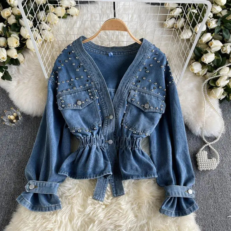 Design Inspired Denim Jacket For women 2025 Spring Autumn New Heavy Industry diamond Studded Nail bead Slimming Long sleeved Top