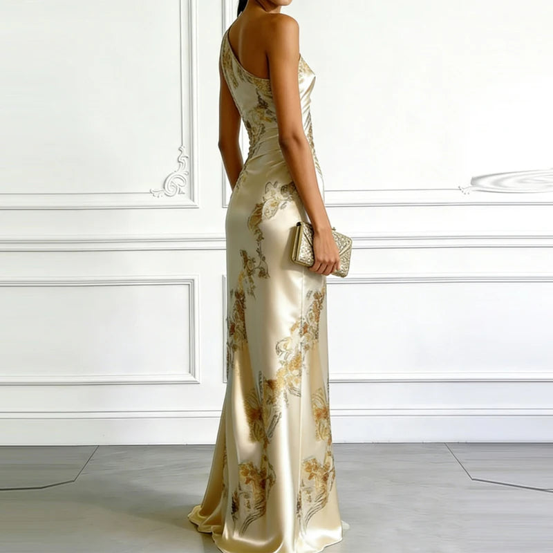 Sexy  One Shoulder Sleeveless Slim Fit Gowns Fashion High Waist Asymmetrical Party Dress Women Elegant French Style Summer Dress