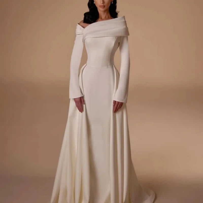Elegant Evening Dress for Women Off The Shoulder Jersey Pleat A-Line Prom Gown  Long Sleeve Floor Length Party Dress Customized