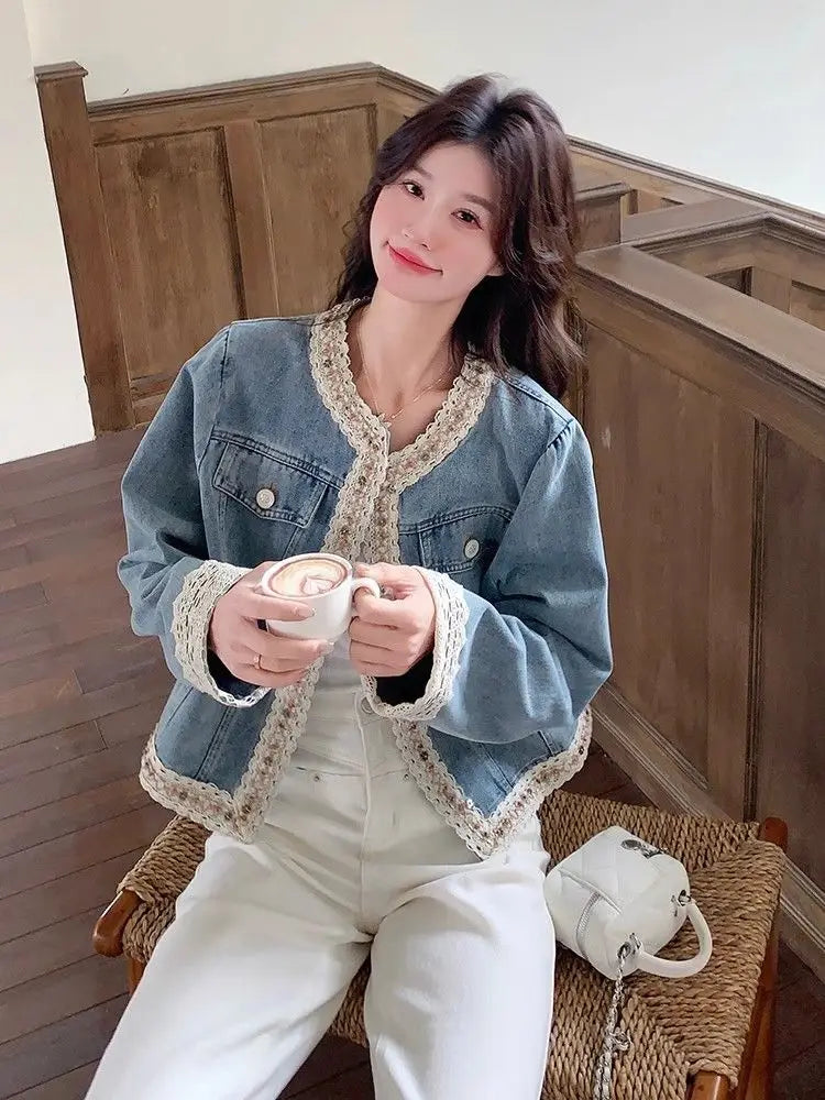 Denim Coat 2025 Spring/autumn Short Design Lace Women's Cardigan