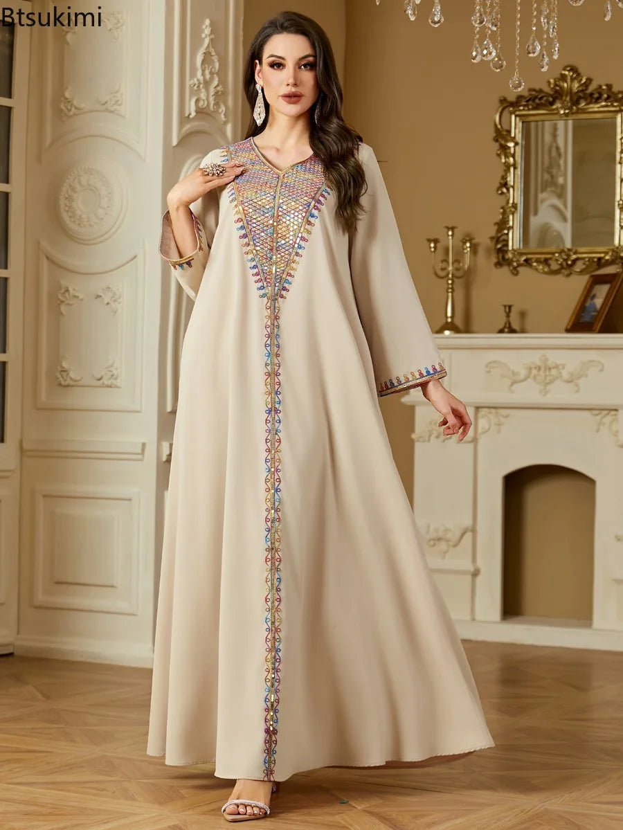 Muslim Elegant Dresses Women's Embroidery Long Sleeve Evening Dress Abayas Morocco Sequins V-neck Kaftan Eid Ramadan Party Robe