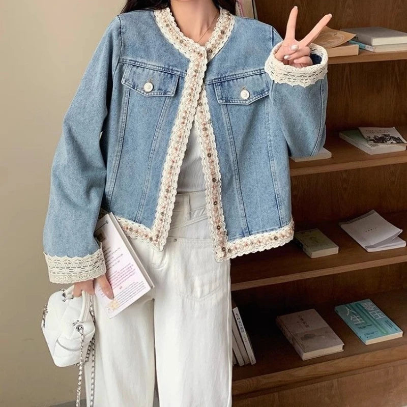 Denim Coat 2025 Spring/autumn Short Design Lace Women's Cardigan