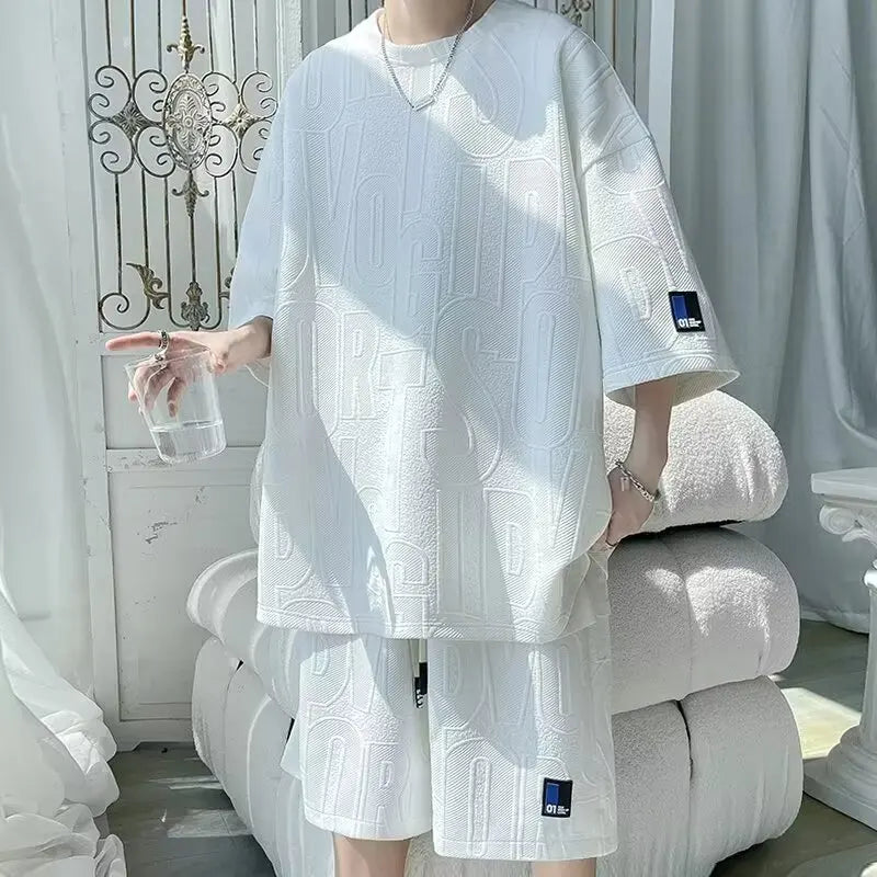 Fashion Suit Male Handsome Set With Loose Casual Sports Jacquard Short-sleeved Shorts Two-piece Set 2025 Spring And Summer