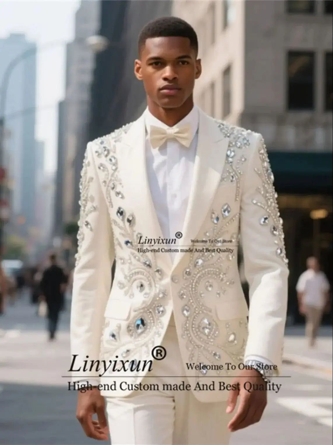 Fashion Men Suits With Bow High End Metal Embellished Slim Customized Ropa Hombre Groom Tuxedos 2 Pieces Sets Party Prom Blazer