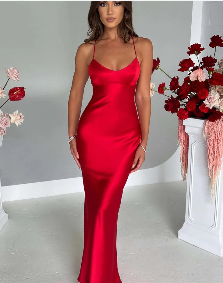 Sexy halter satin dress, a new autumn fashion backless strappy cinched-waist long dress