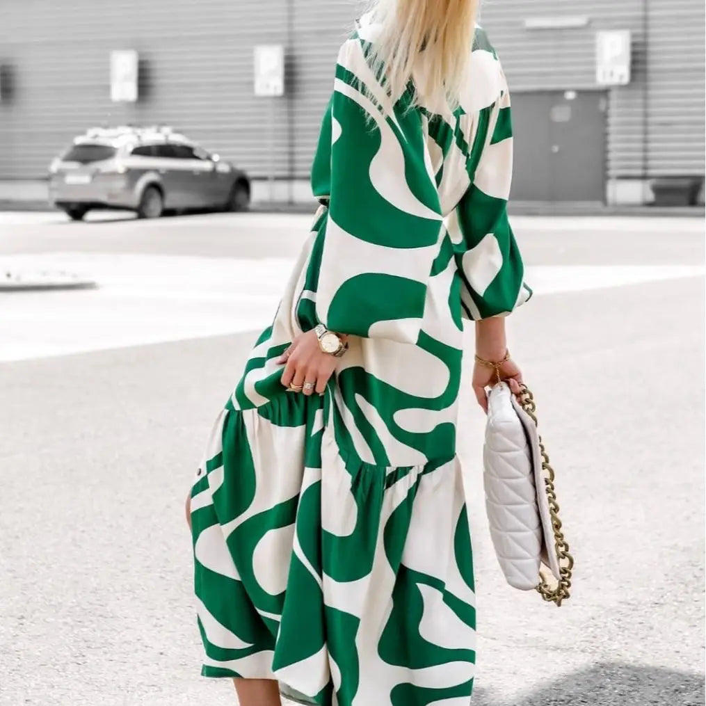 New Arrival Woman Geometric Print Belted Shirt Dress Long Sleeves Button Down Ideal for Casual Chic and Street Style