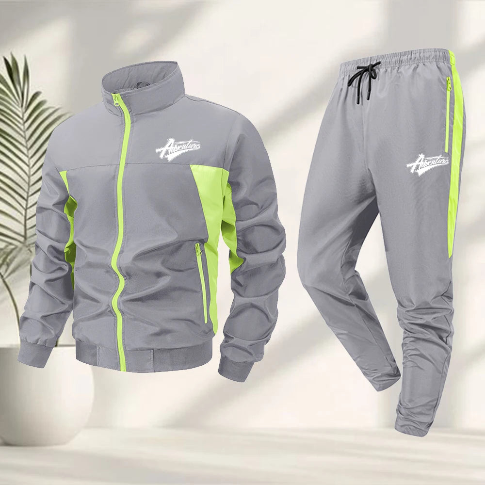 Men's Fashionable Word Print Sportswear Set Stand Collar Jacket And Sweatpants 2 Piece Set Casual Outdoor Fitness Hiking Apparel