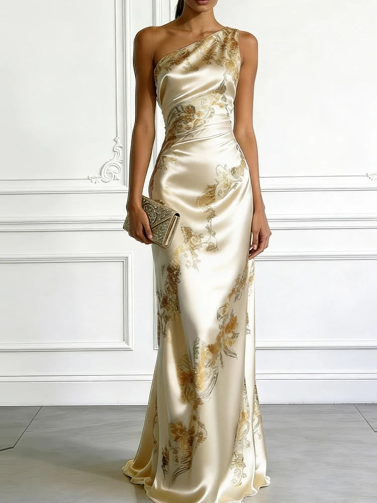 Sexy  One Shoulder Sleeveless Slim Fit Gowns Fashion High Waist Asymmetrical Party Dress Women Elegant French Style Summer Dress