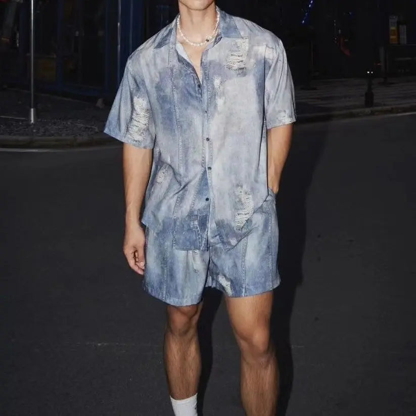 Summer New Imitation Denim Shirt Shorts Set Men's Design Loose Casual Two-piece Set