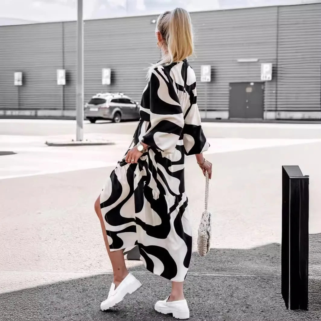 New Arrival Woman Geometric Print Belted Shirt Dress Long Sleeves Button Down Ideal for Casual Chic and Street Style