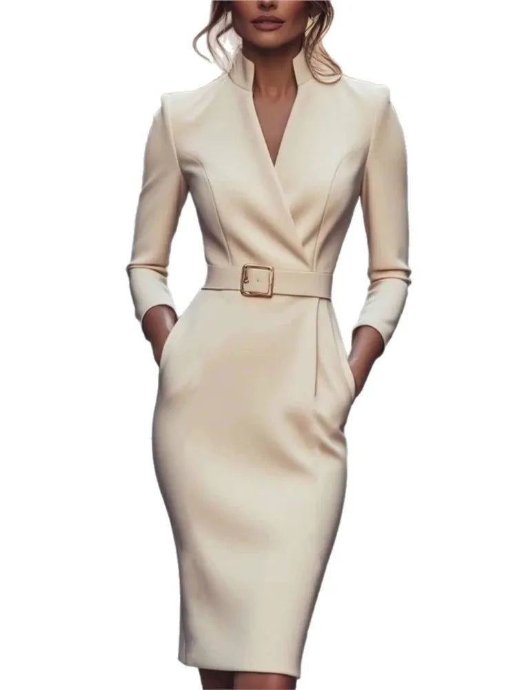 Elegant Party Prom Dress For Woman Spring Autumn Fashion V-neck High Waist Long Sleeves Mid-length Dresses Ladies Solid Vestidos