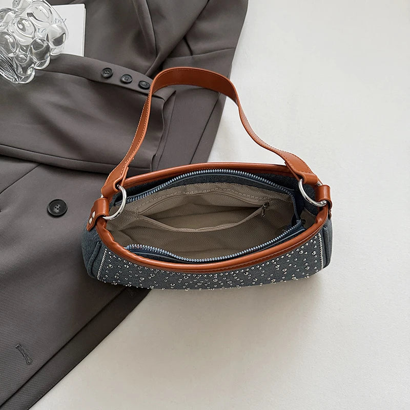 Vintage Denim Underarm Sling Bag Women Studded Diamond Shoulder Bag French Style Armpit Shopper Purse Verastile Crossbody Bag