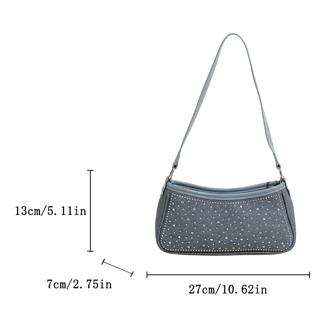 Vintage Denim Underarm Sling Bag Women Studded Diamond Shoulder Bag French Style Armpit Shopper Purse Verastile Crossbody Bag