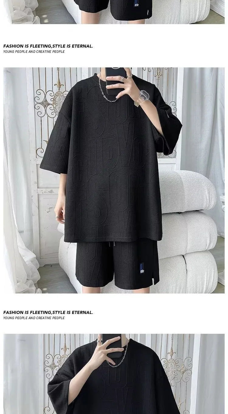 Fashion Suit Male Handsome Set With Loose Casual Sports Jacquard Short-sleeved Shorts Two-piece Set 2025 Spring And Summer