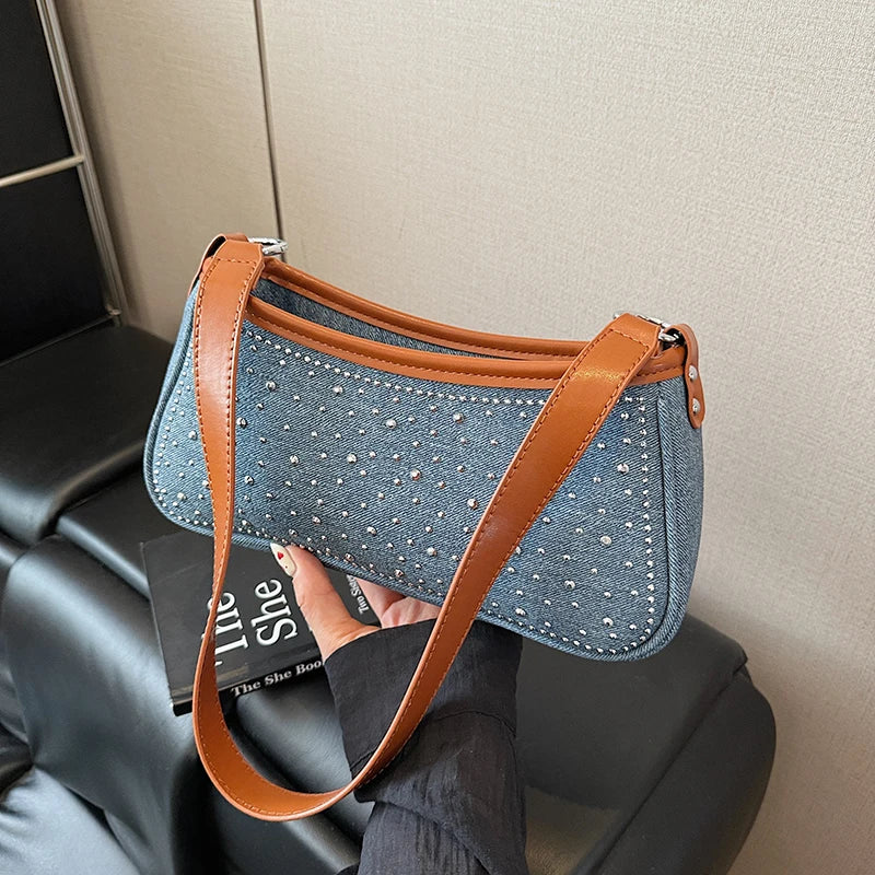 Vintage Denim Underarm Sling Bag Women Studded Diamond Shoulder Bag French Style Armpit Shopper Purse Verastile Crossbody Bag