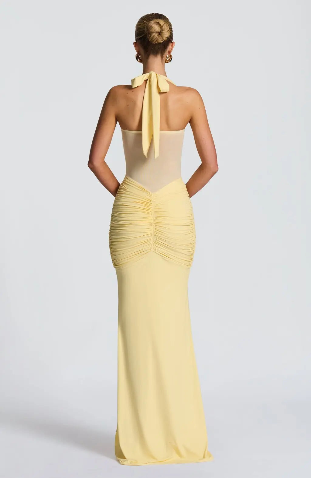Elegant Banquet Dress For Women Fashion And Sexy Slim Solid Color V-neck Halter Neck Splicing Mesh Folds Package Hip Dresses