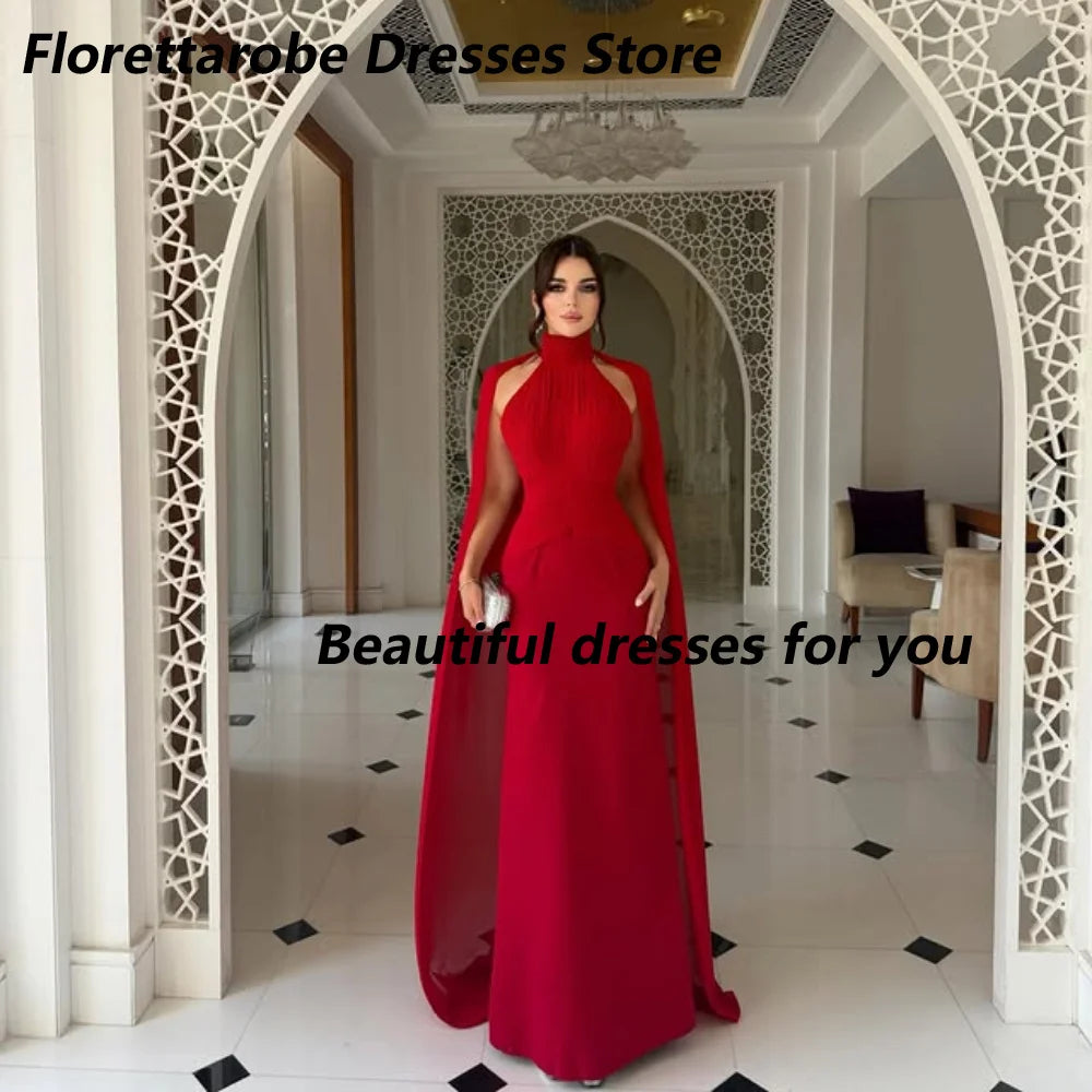 Elegant Red Evening Dress Customized Cloak High Neck A Line Floor Length Prom Gown Women Formal Party Dresses for Wedding