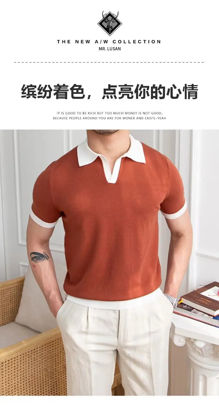 Fashion New Men's Elegant Knitted Polo Shirts Casual Versatile Lapel Tees Summer Breathable Loose Tops for Men Commuter Clothes