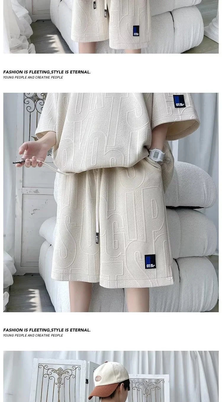 Fashion Suit Male Handsome Set With Loose Casual Sports Jacquard Short-sleeved Shorts Two-piece Set 2025 Spring And Summer